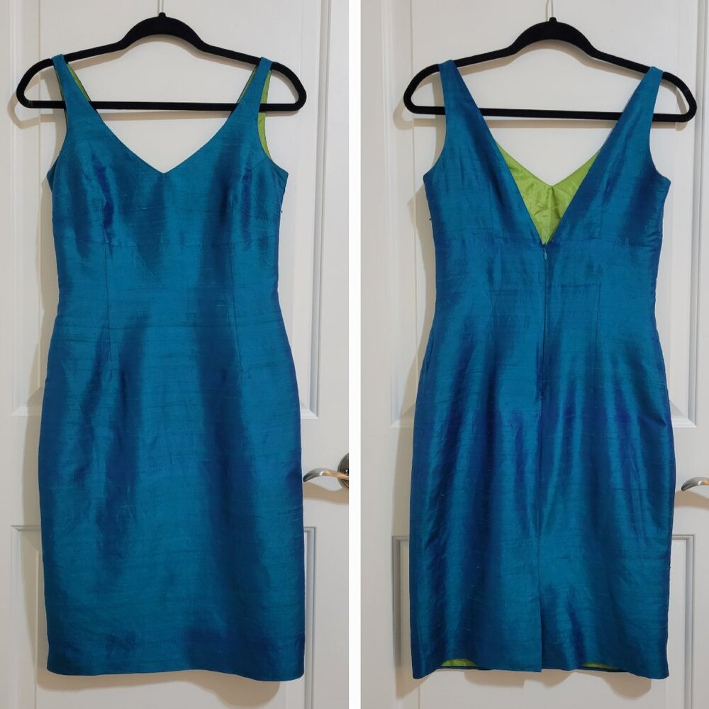 Vintage Kimera Two-Toned Raw Silk Sheath V-Neck Dress Blue XS